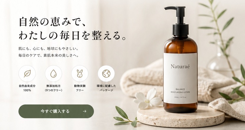 Naturaéのメインビジュアル。「自然の恵みで、わたしの毎日を整える。」のキャッチコピーと、自然由来成分100%・無添加処方・動物実験フリー・環境配慮パッケージの4つのアイコン、天然石のトレイに置かれた琥珀色のポンプボトル