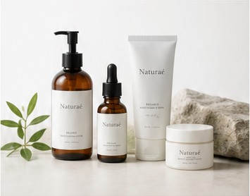 Naturaéの製品ラインナップ。ポンプボトル・スポイト瓶・チューブ・クリームジャーが石と植物とともに並ぶ
